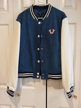 True Religion Blue Denim Bomber Jacket with Navy Trim